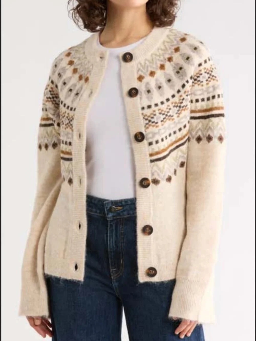 BlankNYC Fair Isle Peplum Cardigan in cream